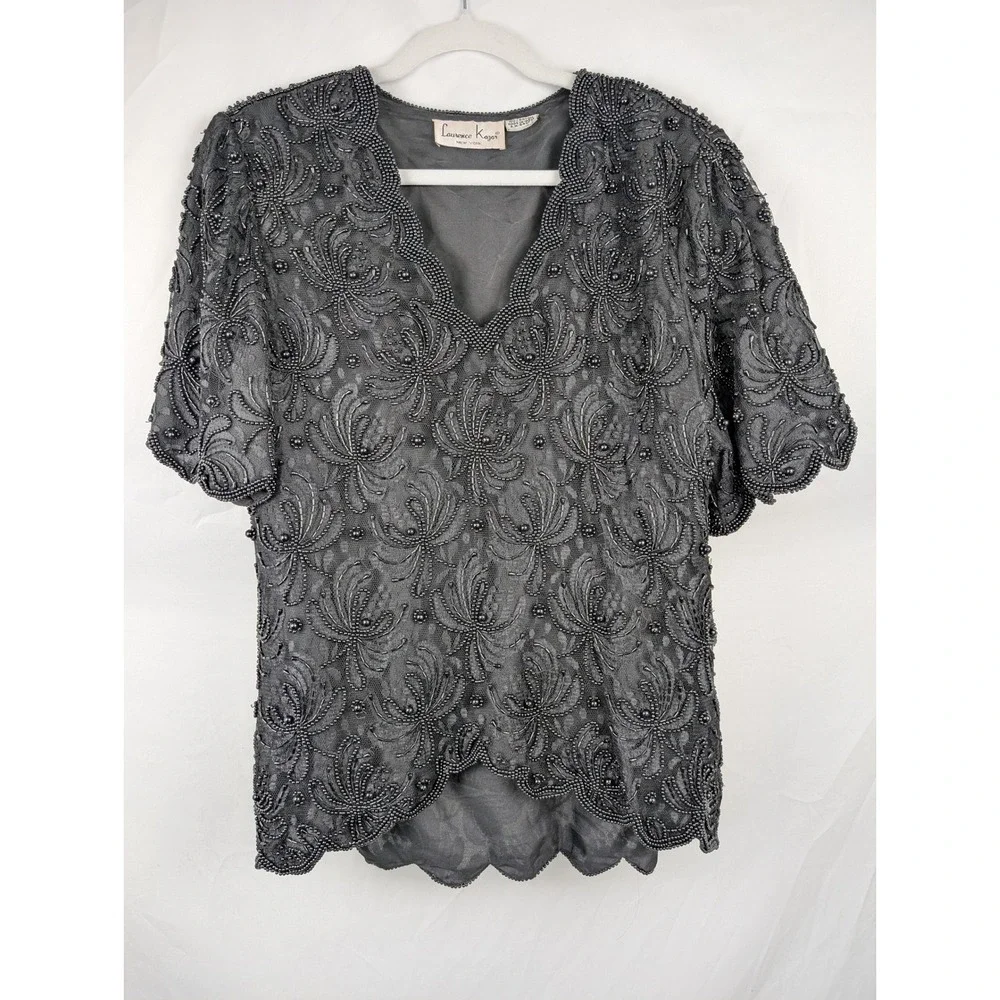 Vintage Beaded Whimsigoth Scalloped Edge Top Size M Black Dark Romantic Grunge